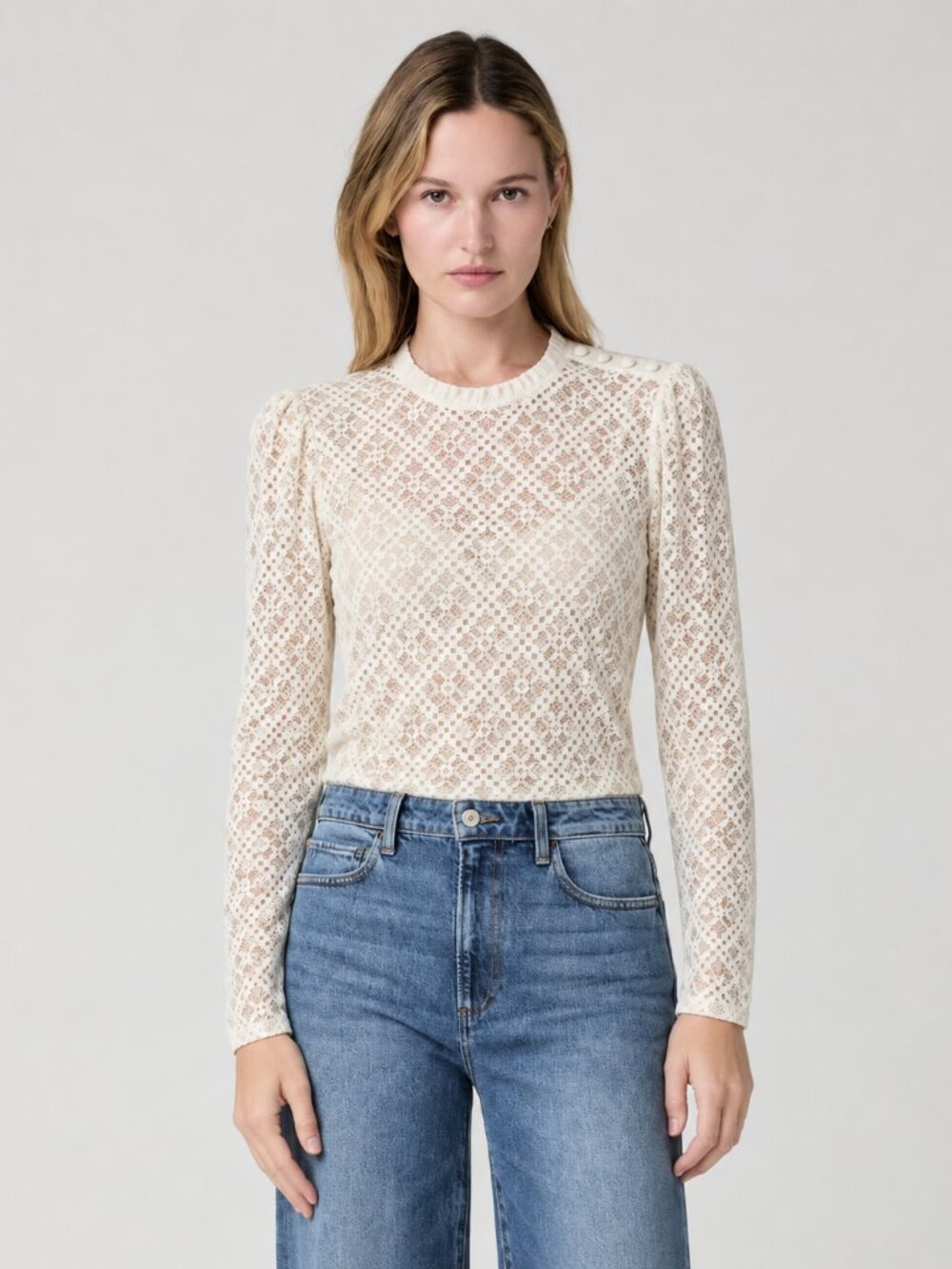 RW & Co. Ecru Cream Sheer Lace Top Diamond Pattern Puff Sleeve Size S